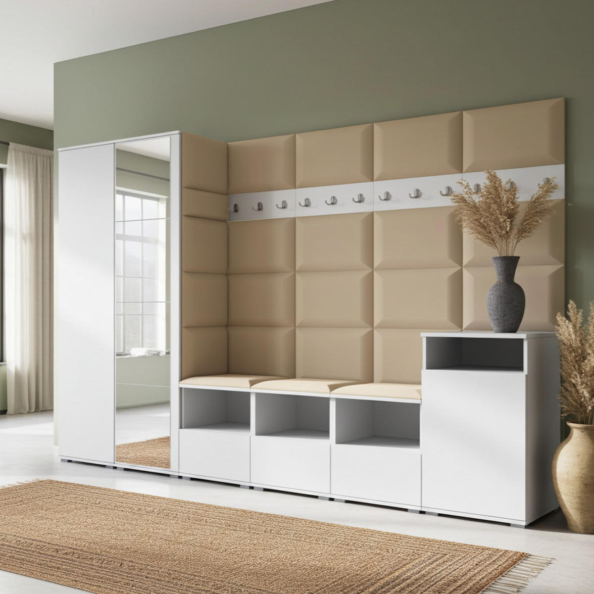 GARDEROBE NELA XII 300 cm (Modulare Flurmöbel Weiß mit Spiegel & Sitzpolster Beige 04 Gigantisches Set) - Beige/Silberfarben, Holz/Holzwerkstoff (300/187/40cm) - Ravio