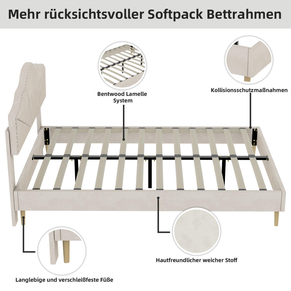 POLSTERBETT 160/200 cm in Beige Stoff mit geometrischem Kopfteil - Beige, Holzwerkstoff/Textil (160/200cm) - WISHDOR