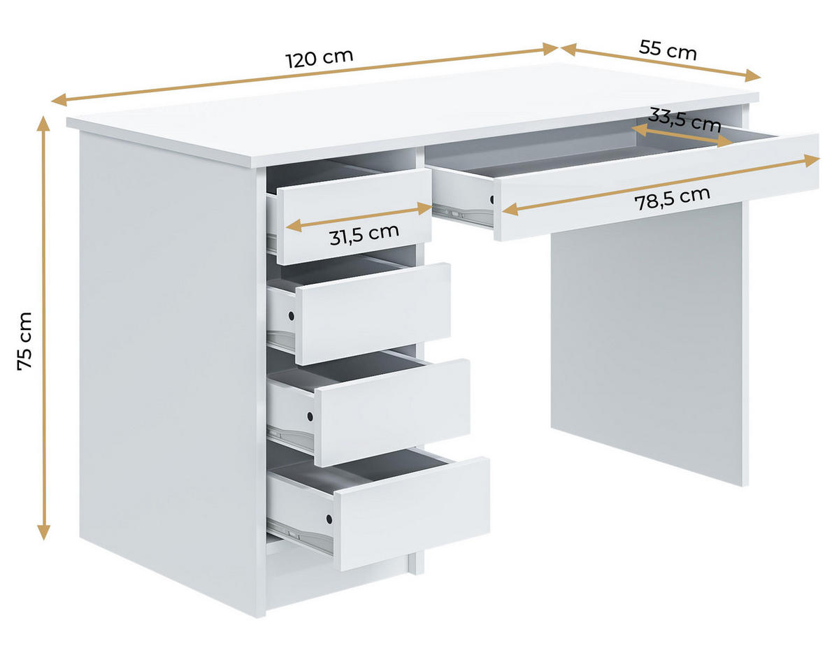 SCHREIBTISCH Offesio 5S Weiß 120/75/55 cm – modern mit Schubladen - Weiß, Holzwerkstoff (55/120/75cm) - AX Living