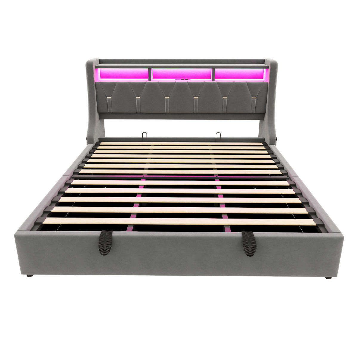 POLSTERBETT 180/200 cm Grau mit Stauraum LED-Beleuchtung und USB- und Type-C-Anschlüssen Samt - Grau, Textil (180/200cm) - OKWISH