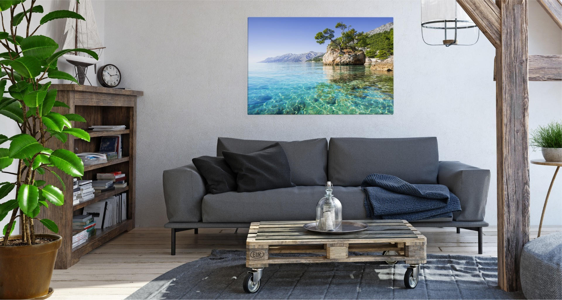 LEINWANDBILD Meer in Kroatien Berge Landschaft 3D 100x70 - Blau/Beige, Textil (100/70cm) - Muralo