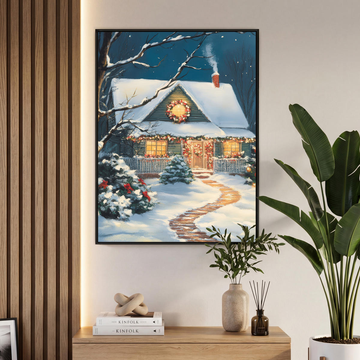 LEINWAND Bilder mit Rahmen - Weihnachten - Weihnachtsbaum - Winter - Zuhause - Schnee - 70x100 - Smaragdgrün, Textil (70/100cm) - MuchoWow