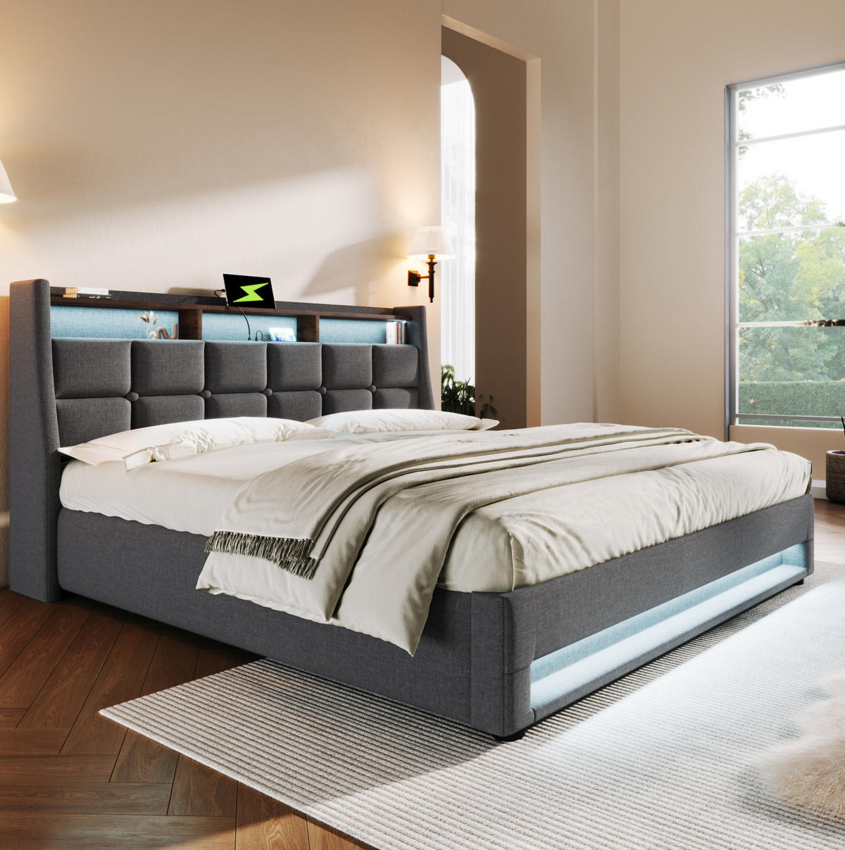 POLSTERBETT 140/200 cm Grau mit LED-Beleuchtung, USB-Anschluss und Stauraum - Grau, Textil (140/200cm) - Flora Grace