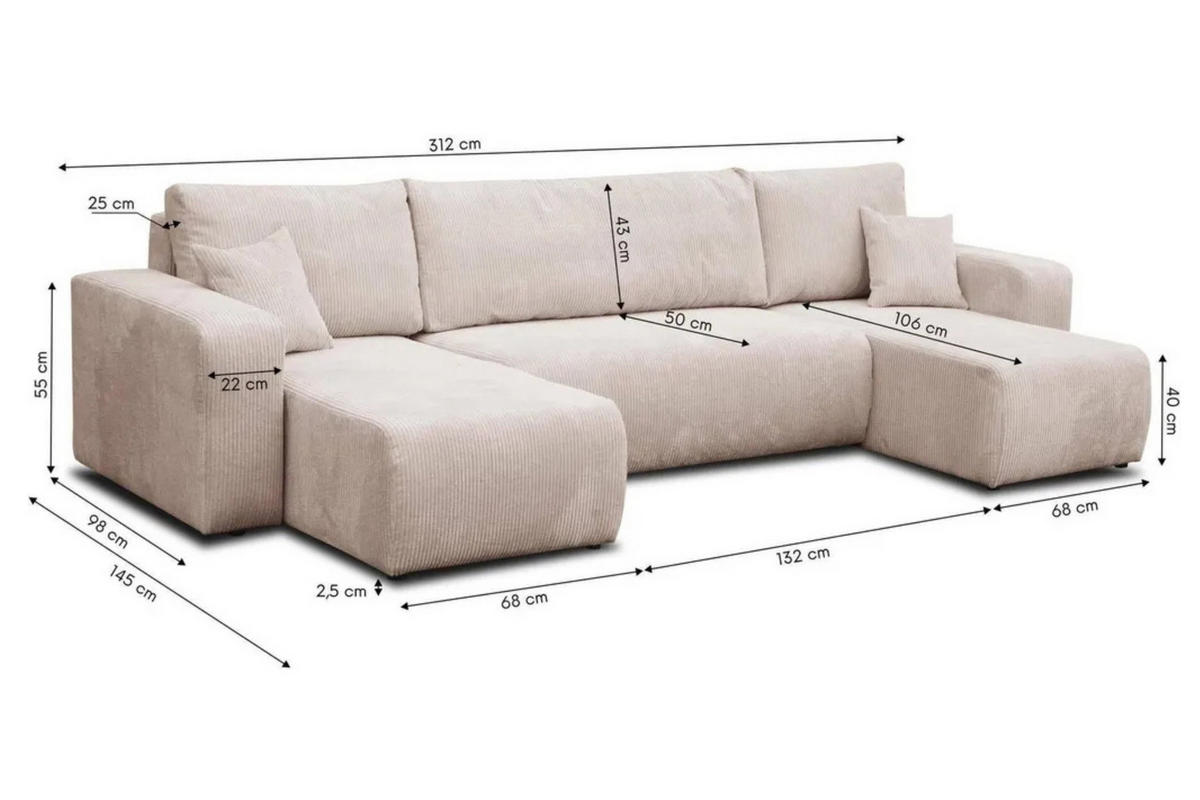 WOHNLANDSCHAFT LUNA U-FORM mit Schlaffunktion und Bettkasten (Schwarz) - Schwarz, Textil (312/83/142cm) - VENASI MÖBEL