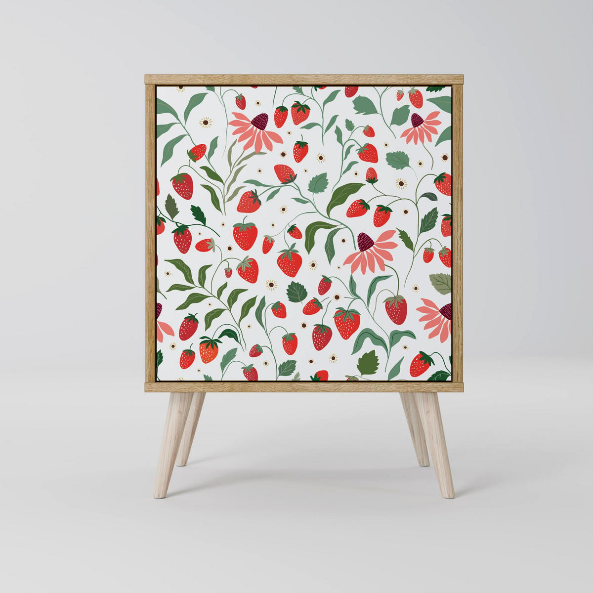SIDEBOARD FLOWERS AND STRAWBERRIES, Grau, 57,5x42x75,5 cm, Goldfarbene Metallfüße - Goldfarben/Multicolor, Holzwerkstoff/Metall (57.5/75.5/42cm) - SpaceRebels