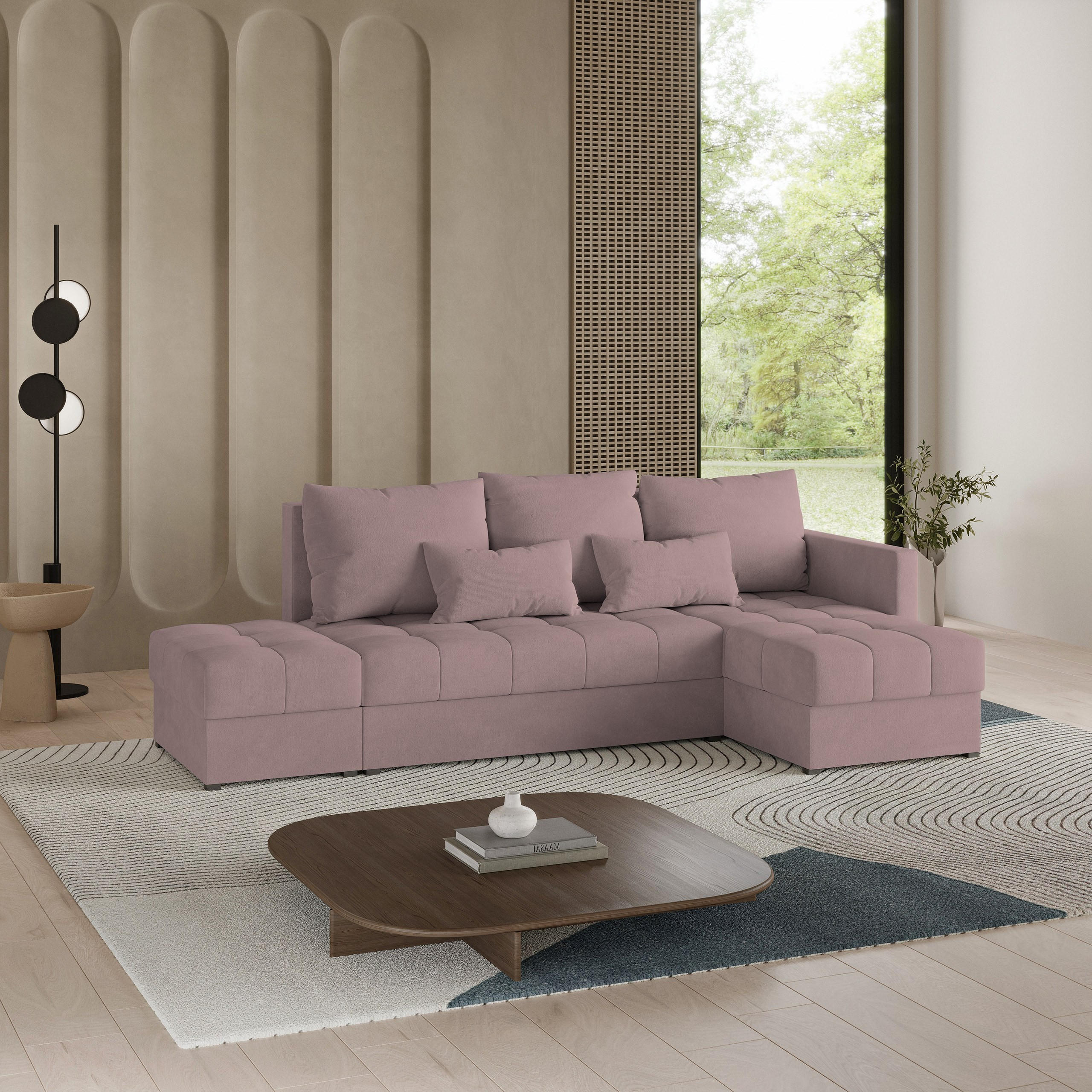 ECKSOFA LUMARI R-S Rosa Plüsch-Stoff mit Schlaffunktion - Rosa, Holz (262/143cm) - MASSENO