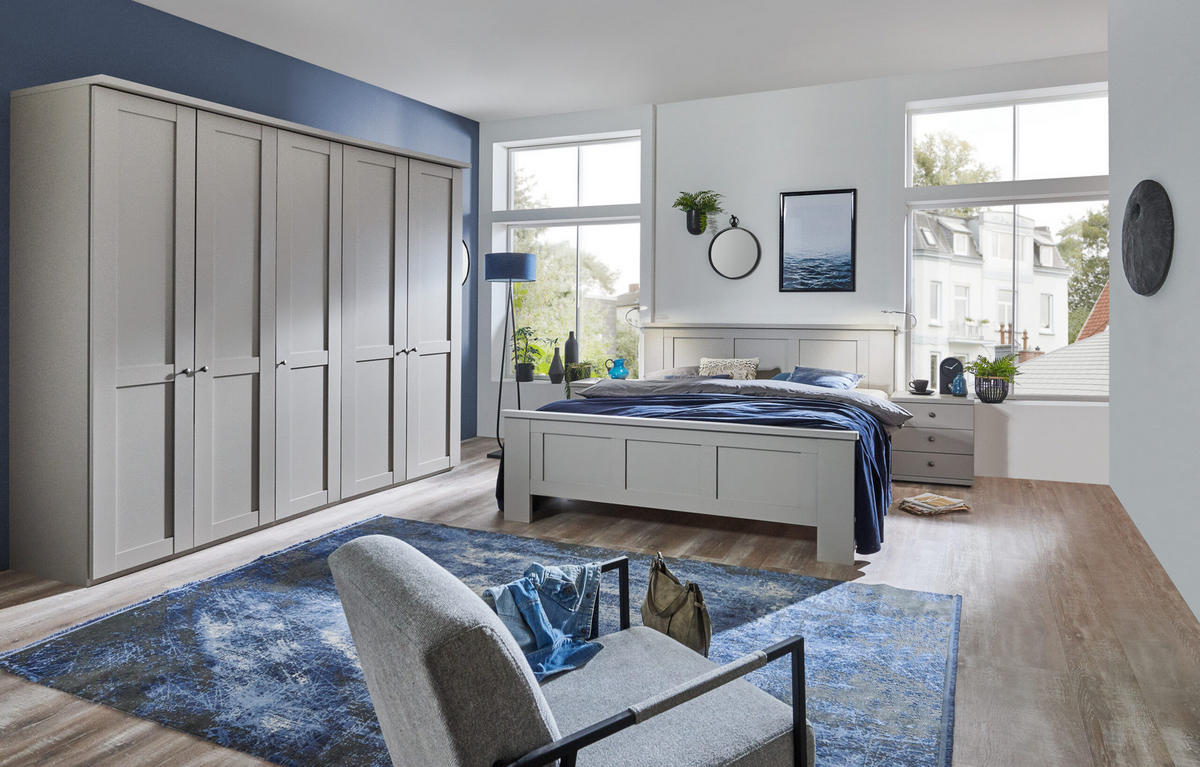 SCHLAFZIMMER Greenholm in Kieselgrau 4 teilig mit Kleiderschrank 250cm Breite ohne Spiegel, Doppelbett 180x200cm, zwei Nachttisch - Grau, Holzwerkstoff (80/200/120cm)