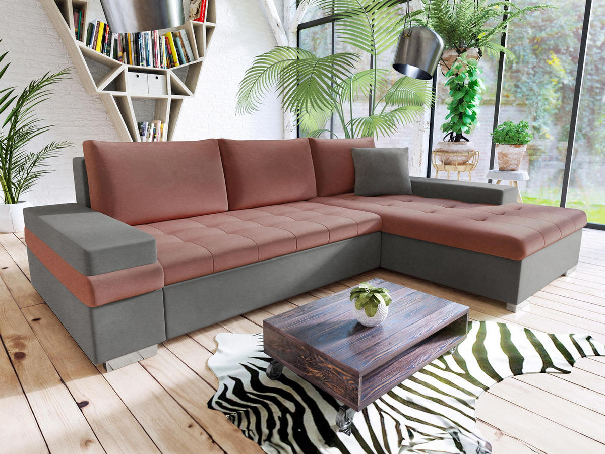 ECKSOFA Bangkok Mini - Dunkelrosa/Silberfarben, Holz/Textil (274/182cm) - MIRJAN24