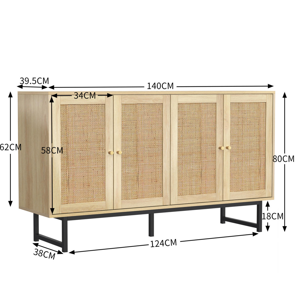 SIDEBOARD 140/39,5/80 cm in Holzoptik mit echtem Rattangeflecht und 4 Türen - Naturfarben, Holzwerkstoff (140/80/39.5cm) - Flora Grace