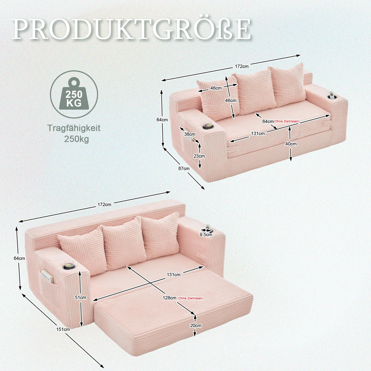 2-SITZER Bodensofa ausklappbar, Getränkehalter/Seitentaschen, Cord, Rosa - Rosa, Textil (172/64/87cm) - LVHOM