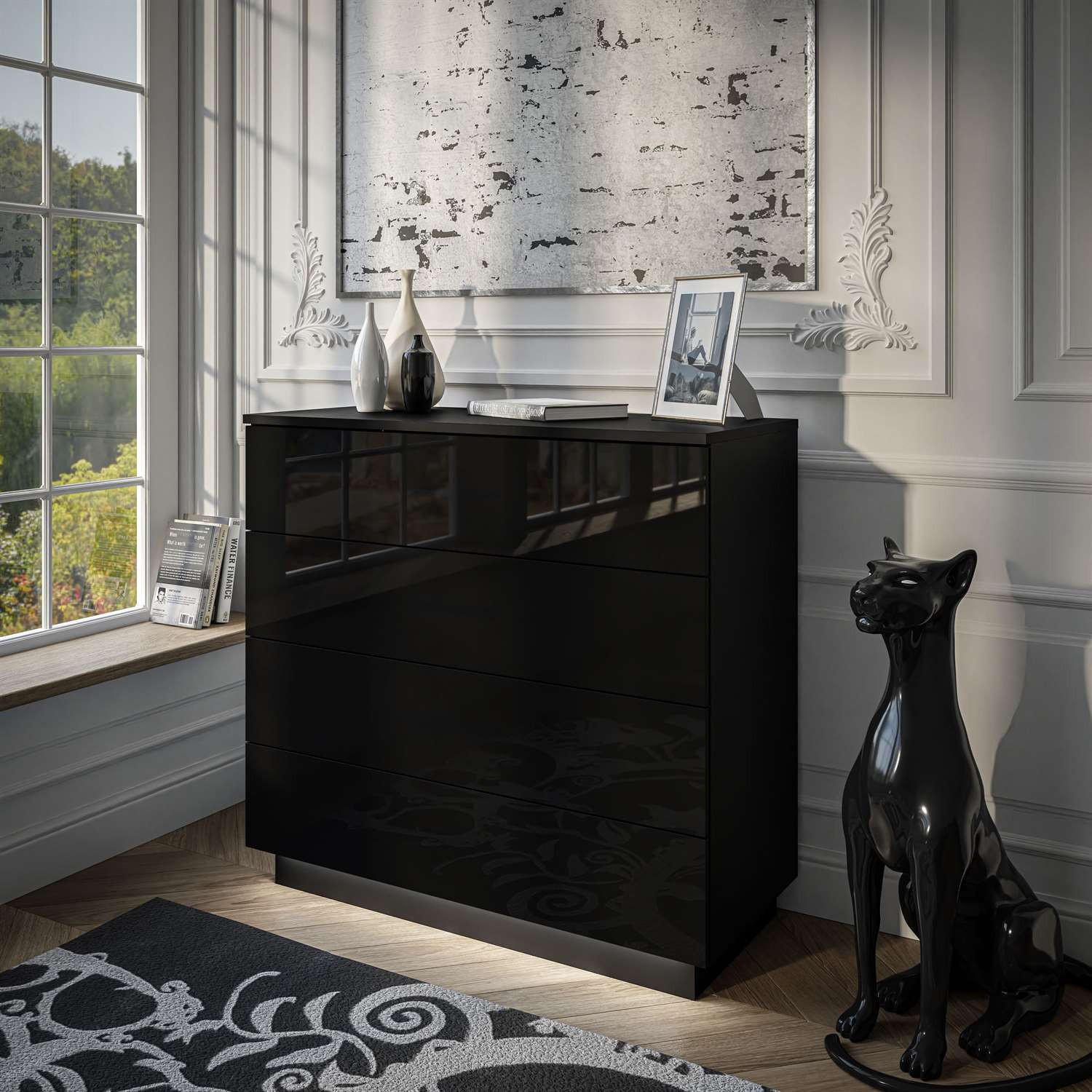 KOMMODE LINA mit Schubladen PUSH OPEN Schwarzer Glanz LED - Schwarz, Holzwerkstoff (95/84.5/40.6cm) - Lookway