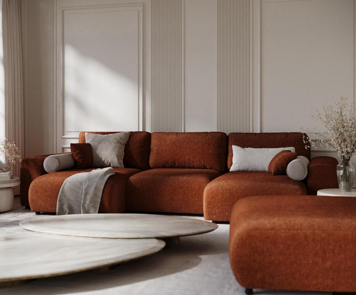 PANORAMASOFA Zanzibar Dunkelorange Chenille - Dunkelorange/Schwarz, Holz/Holzwerkstoff (325/79/144cm) - Maison de Reve