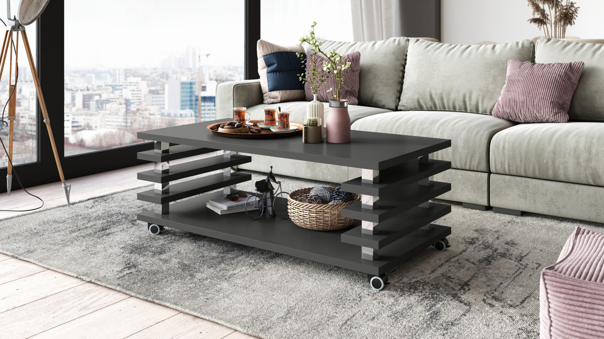 COUCHTISCH rechteckig Anthrazit matt Ablage Rollen - Anthrazit, Holzwerkstoff (60/120/45cm) - designimpex