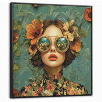LEINWAND Bilder mit Rahmen - Frau - Blumen - Schmetterlinge - Natur - Vintage - 90x90 - Salbeigrün, Textil (90/90cm) - MuchoWow