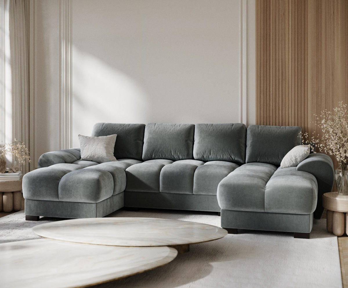 WOHNLANDSCHAFT Peebles Dunkelgrau Samtstoff - Schwarz/Grau, Holz/Holzwerkstoff (330/90/175cm) - Maison de Reve