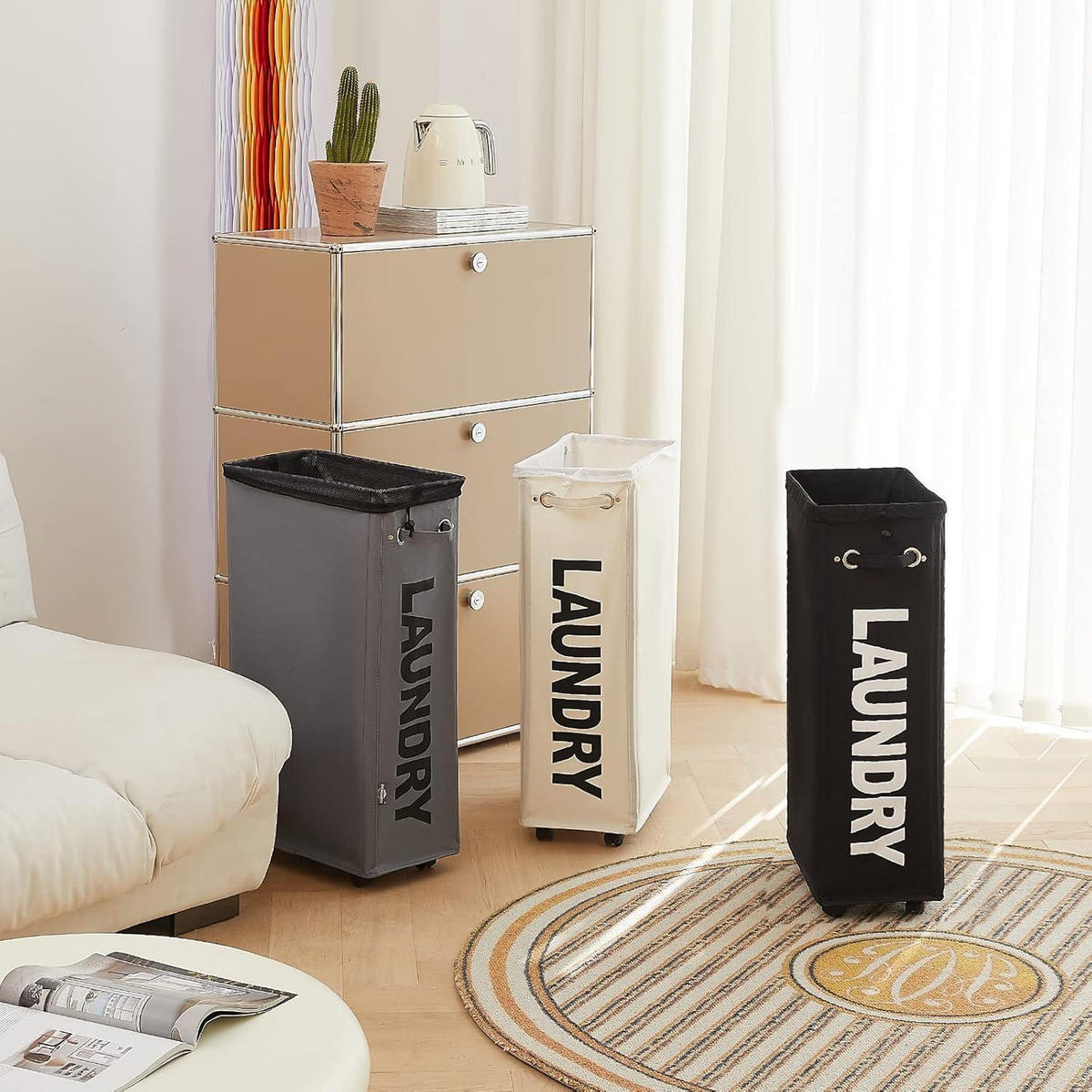 WÄSCHEKORB mit Rollen 70 L Dunkelgrau - Anthrazit, Textil (23.5/73.5/40.5cm)