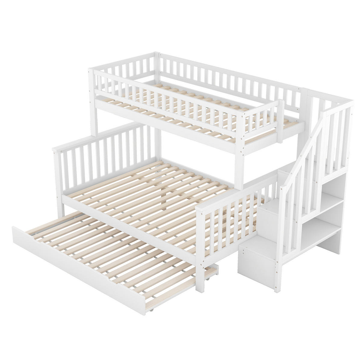 ETAGENBETT 90/200 und 140/200 cm mit Rollbett, Treppe mit Stauraum und Lattenrost, Kiefer, Weiß - Weiß, Holzwerkstoff (90/200cm) - Redom
