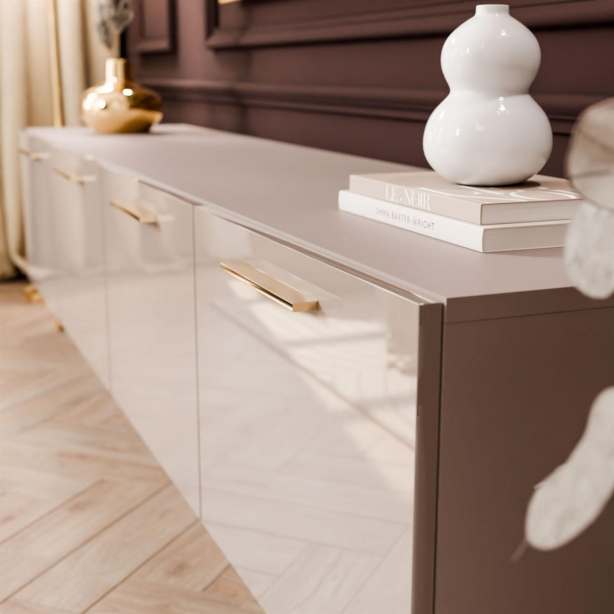 TV-ELEMENT AURA 200 KASCHMIR Hochglanz auf schrägen goldenen Beinen + LED - Kaschmir/Goldfarben, Holzwerkstoff (200/49/40cm) - Lookway