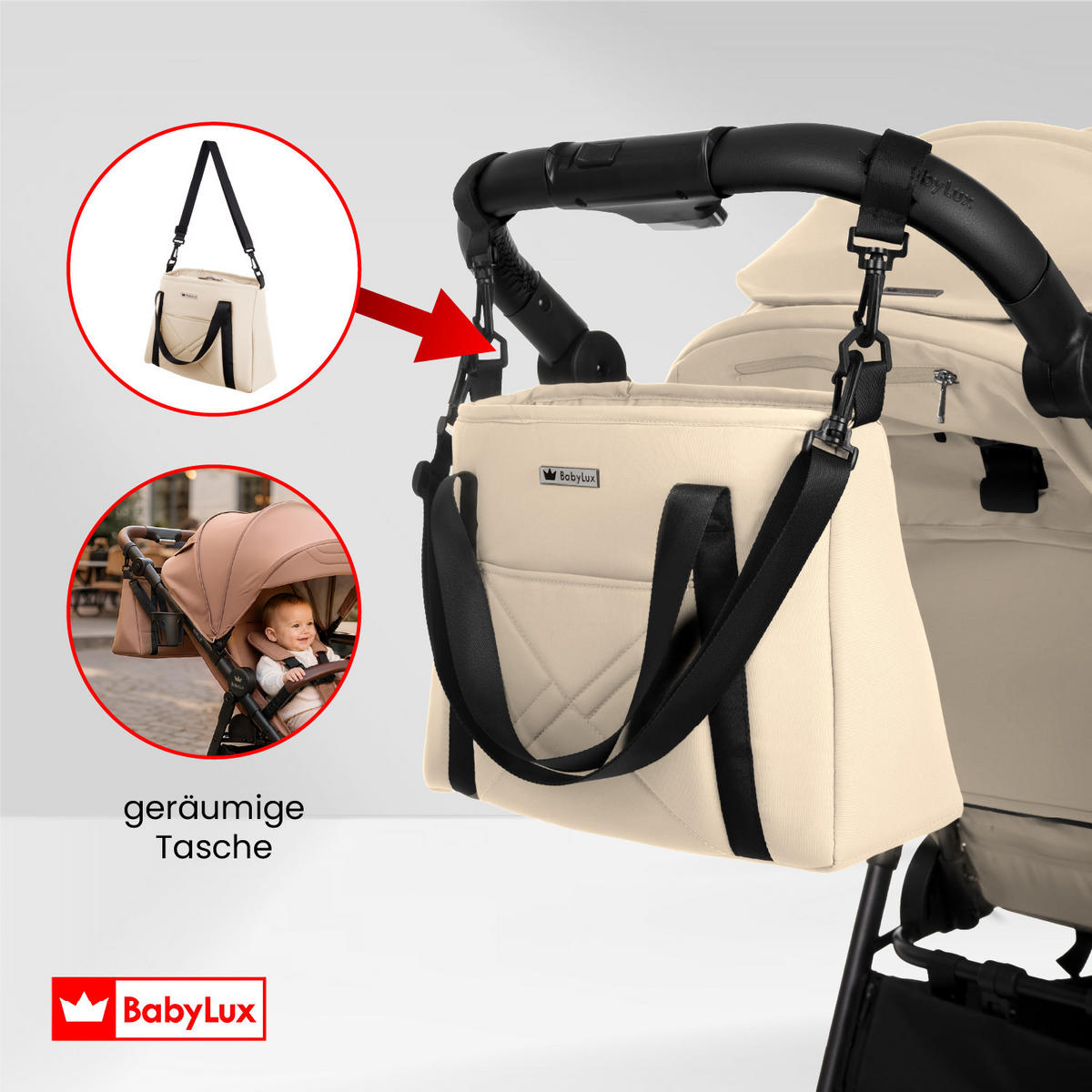 BUGGY Rolle, Klein und Leicht, Teleskopische Führung, Kompakt Faltbar, Wickeltasche, Reisetasche - Beige/Schwarz, Textil/Metall (58/98cm) - BabyLux