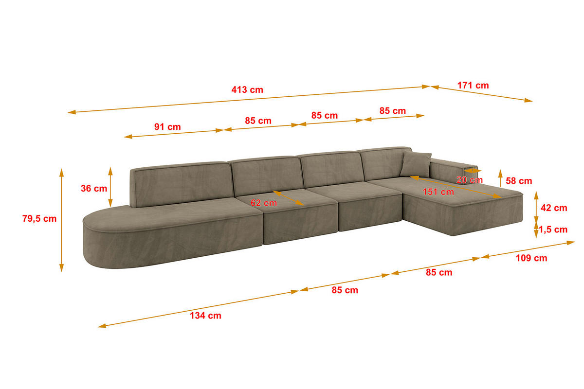 ECKSOFA Ottomane Rechts IREA-L3-v4 - 413x171x79 cm Braun - Braun, Holzwerkstoff/Textil (171/413cm) - ALTDECOR