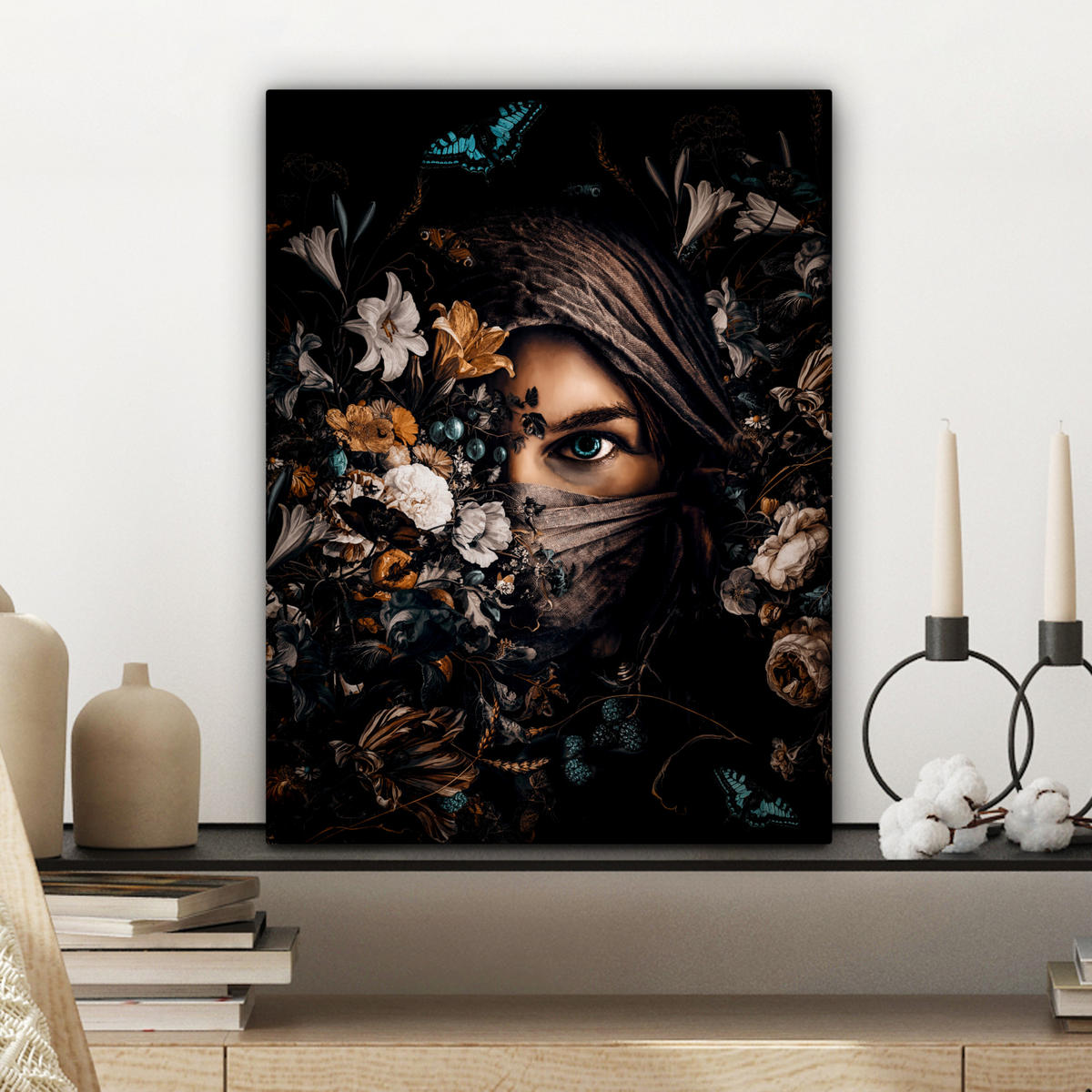 LEINWANDBILD Frau - Luxus - Blumen - Schmetterling - Porträt 30x40 cm - Schwarz, Textil (30/40cm) - MuchoWow