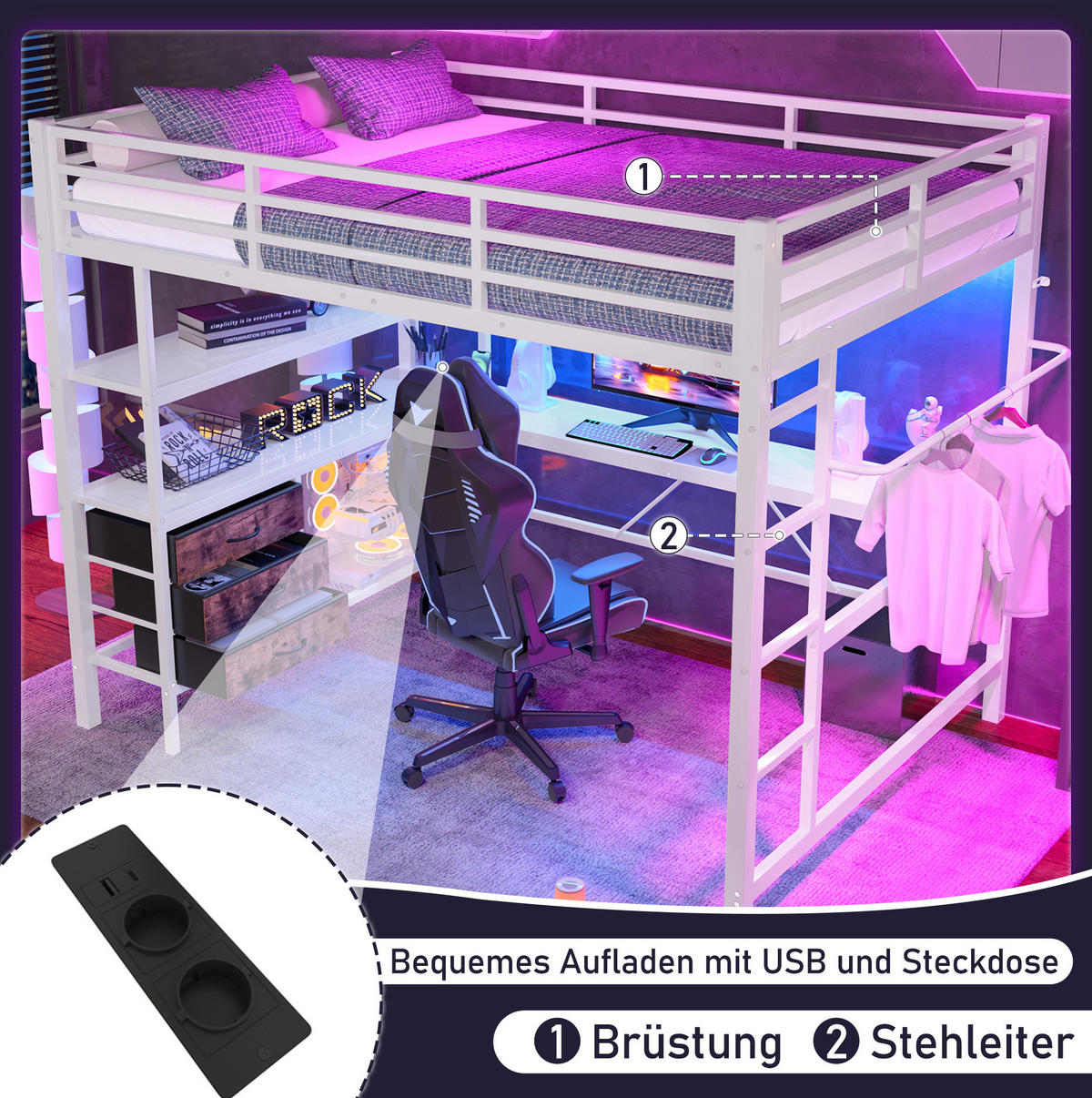 HOCHBETT 140/200 cm Weiß aus Metall und MDF mit Schreibtisch - Weiß, Metall (140/200cm) - OKMYHOME