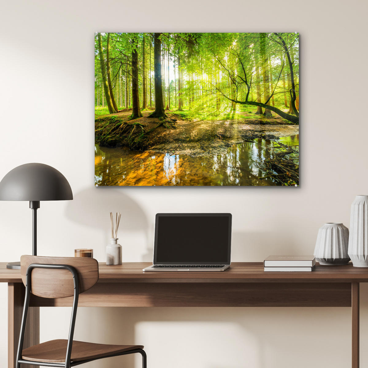 ACRYLGLASBILD Wald - Landschaft - Wasser - Bäume - Sonne - Grün - Natur 80x60 cm - Grün, Glas (80/60cm) - MuchoWow