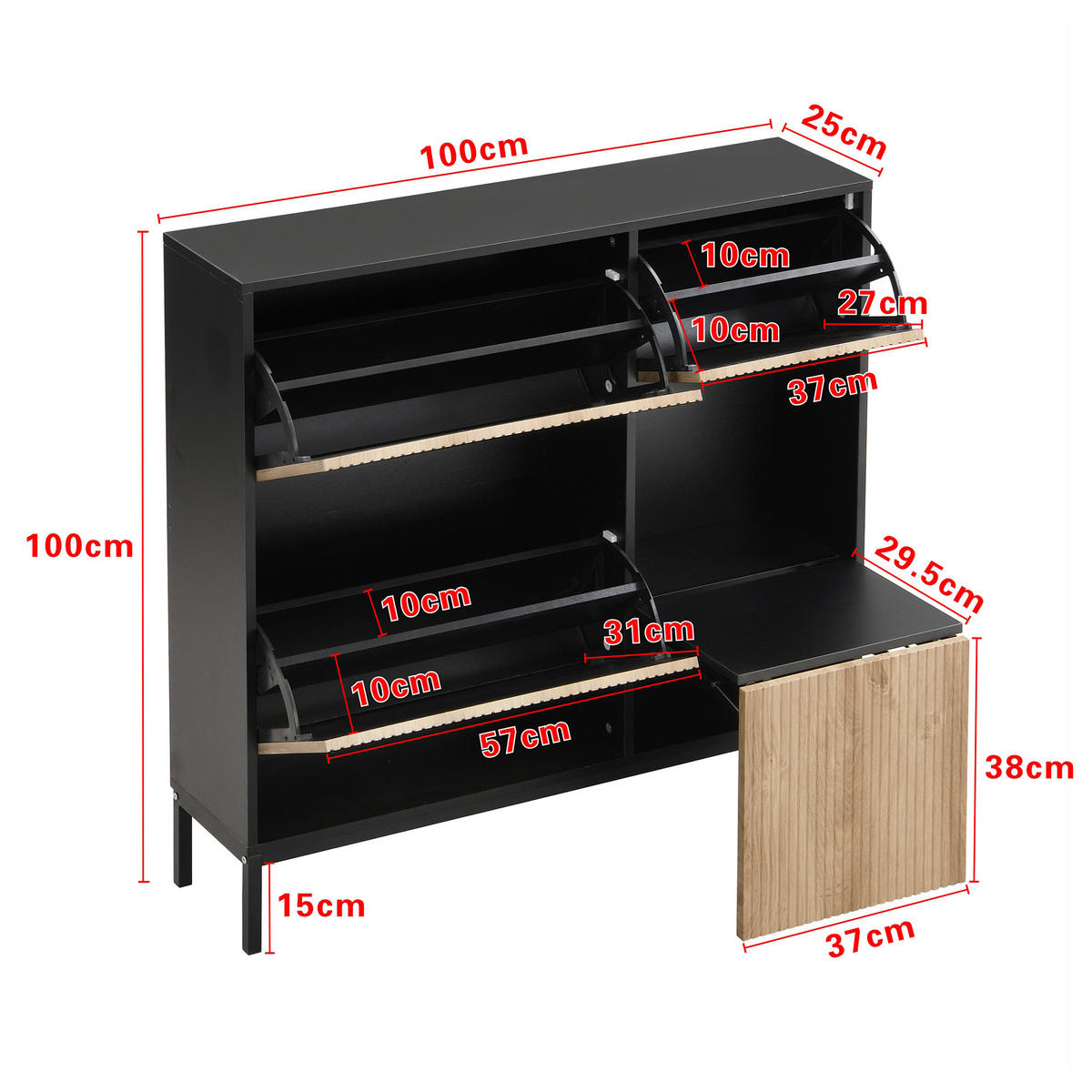 SCHUHSCHRANK mit 2 Schubladen und 2 Türen, strukturierte Paneele mit vergoldeten Akzenten, 100/25/100 cm, Schwarz und Holzfarbe - Naturfarben, Holzwerkstoff (100/25/100cm) - Redom