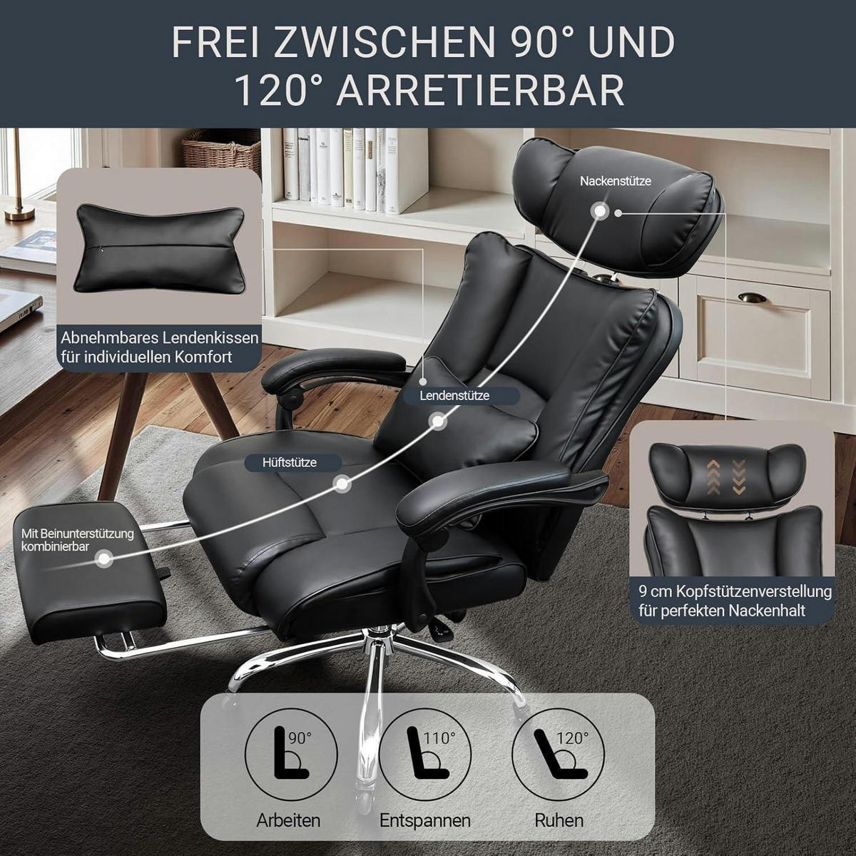 BÜROSTUHL 200kg belastbar mit Fußstütze und verstellbarer Kopfstütze Schwarz - Schwarz, Kunststoff (38/66/82cm)
