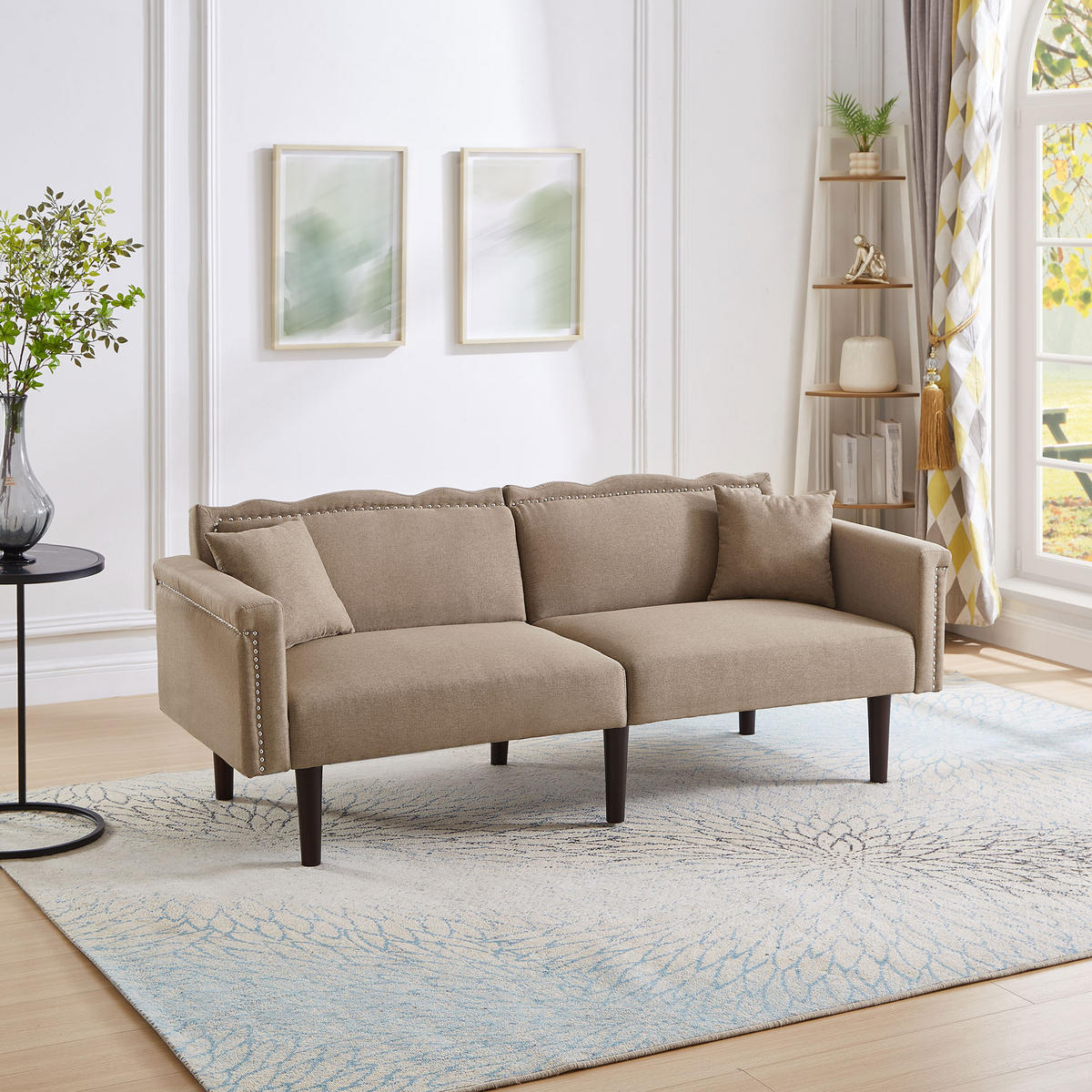 SOFA 2in1 Zweisitzer Liegefunktion Unabhängig Verstellbar Baumwoll-Leinen - Braun, Holz (92.71/19.05/80cm) - FLIEKS