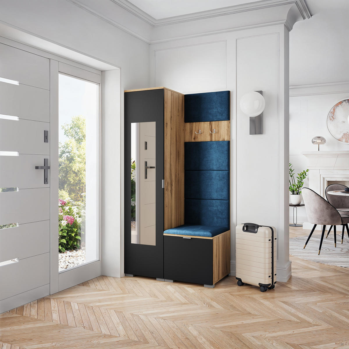 GARDEROBENSCHRANK VIRA 95/181/51 cm Modern Garderobe-Set Eiche Wotan - Blau/Eiche Wotan, Holzwerkstoff (95/181/51cm) - MASSENO