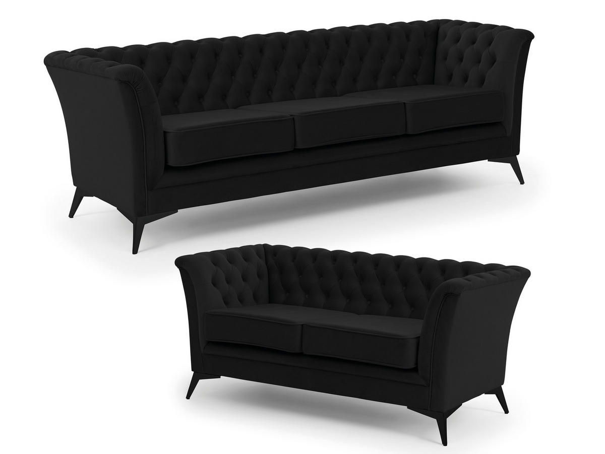 SITZGARNITUR 3+2 Chesterfield Whitby Schwarz Samt mit schwarzen Füßen - Schwarz, Holz/Textil (237/78/82cm) - S-Style Möbel