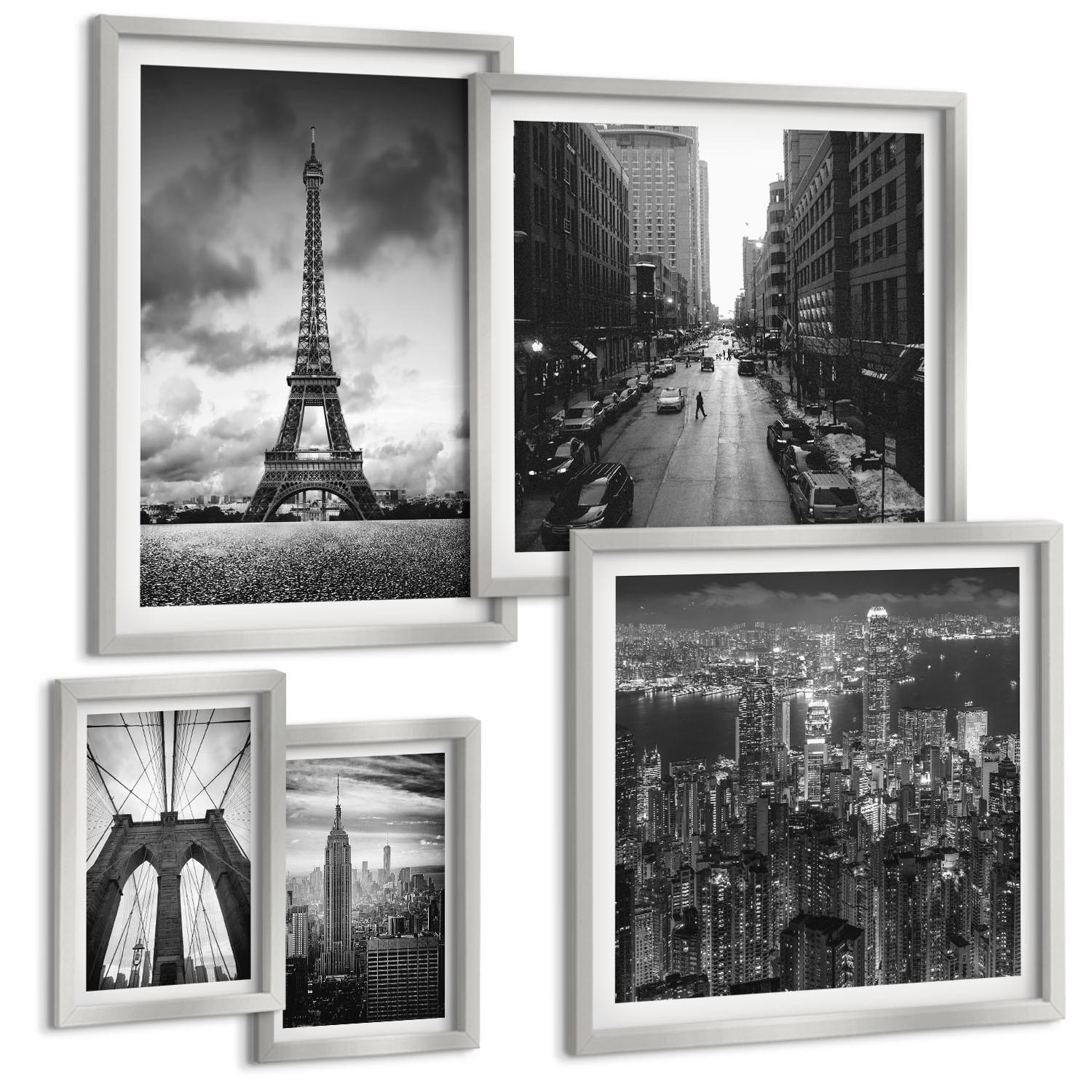 BILDER SET 5er Set - 50x50 cm & 20x30 cm & 40x60 cm Silberner Rahmen - Sommerstrände, Meereslandschaft - Silberfarben, Kunststoff (40/60cm) - TULUP