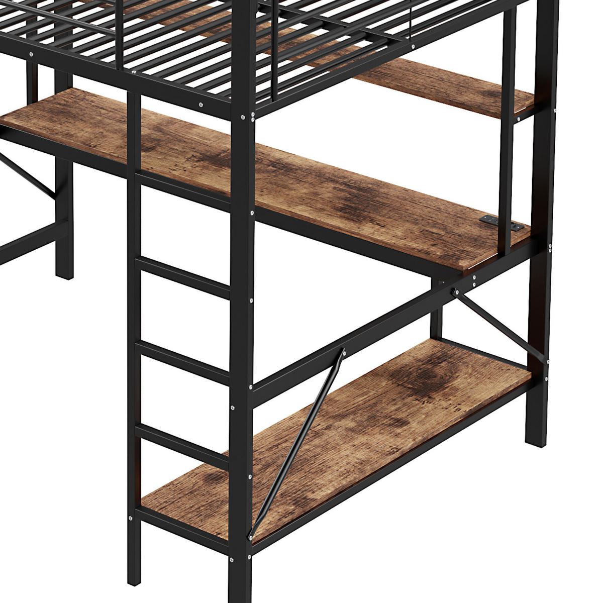 HOCHBETT 140/200 cm schwarz mit USB- und Steckdosenanschlüssen LED-Beleuchtung und Schreibtisch - Schwarz, Metall (140/200cm) - OKWISH