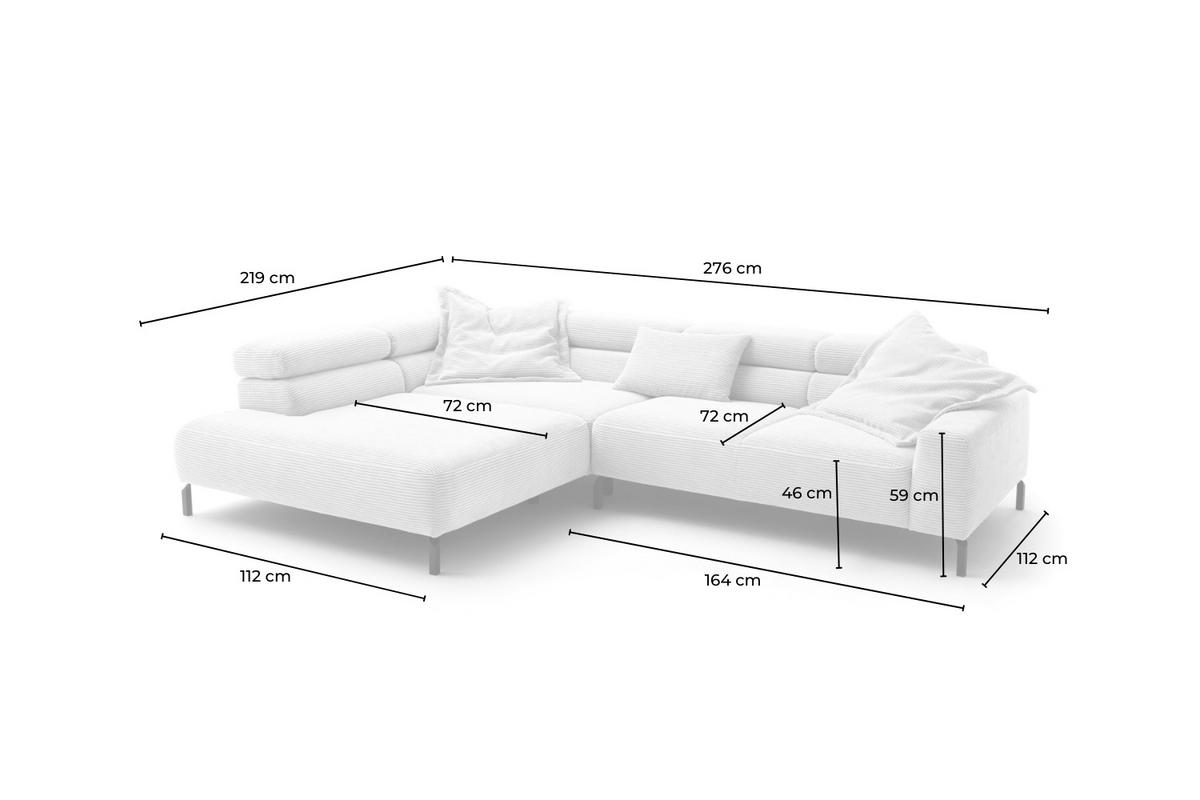 ECKSOFA DELIA Hellgrau Cord - Hellgrau/Schwarz, Textil/Metall (276/219cm) - KAWOLA
