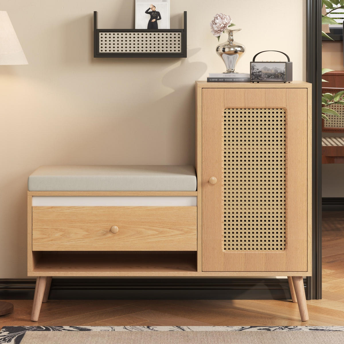 SCHUHSCHRANK Rattan Natur mit Schuhschrank, Sitzpolster, Schubladen und offenen Fächern - Naturfarben, Holz (95/80/35cm) - PARAFTA HOME