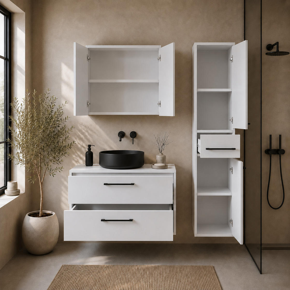 BADMÖBEL-SET Florence 3 Teile Hochglanz Weiß - 80 x 46 x 46 cm - Weiß, Holz (80/46/46cm) - Badplaats
