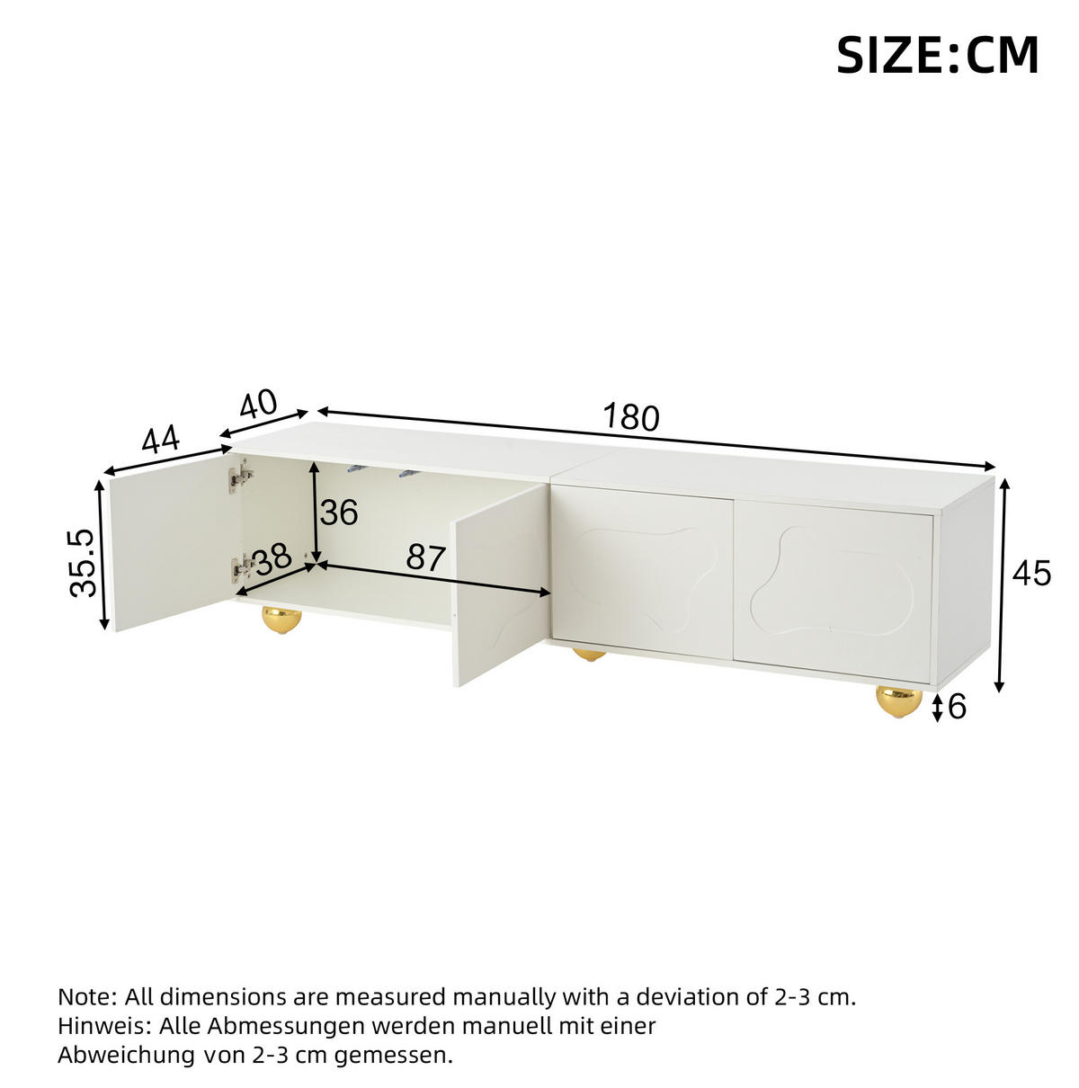 TV-SCHRANK 180/40/45 cm weiß Spanplatte mit 2 Schränken und Wolkenform - Weiß, Holzwerkstoff (180/45/40cm) - OKWISH