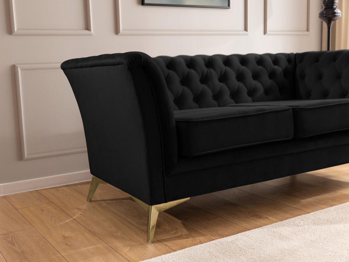 CHESTERFIELD-SOFA 2-sitzer Whitby Schwarz Samt mit goldenen Füßen - Goldfarben/Schwarz, Holz/Textil (175/78/82cm) - S-Style Möbel