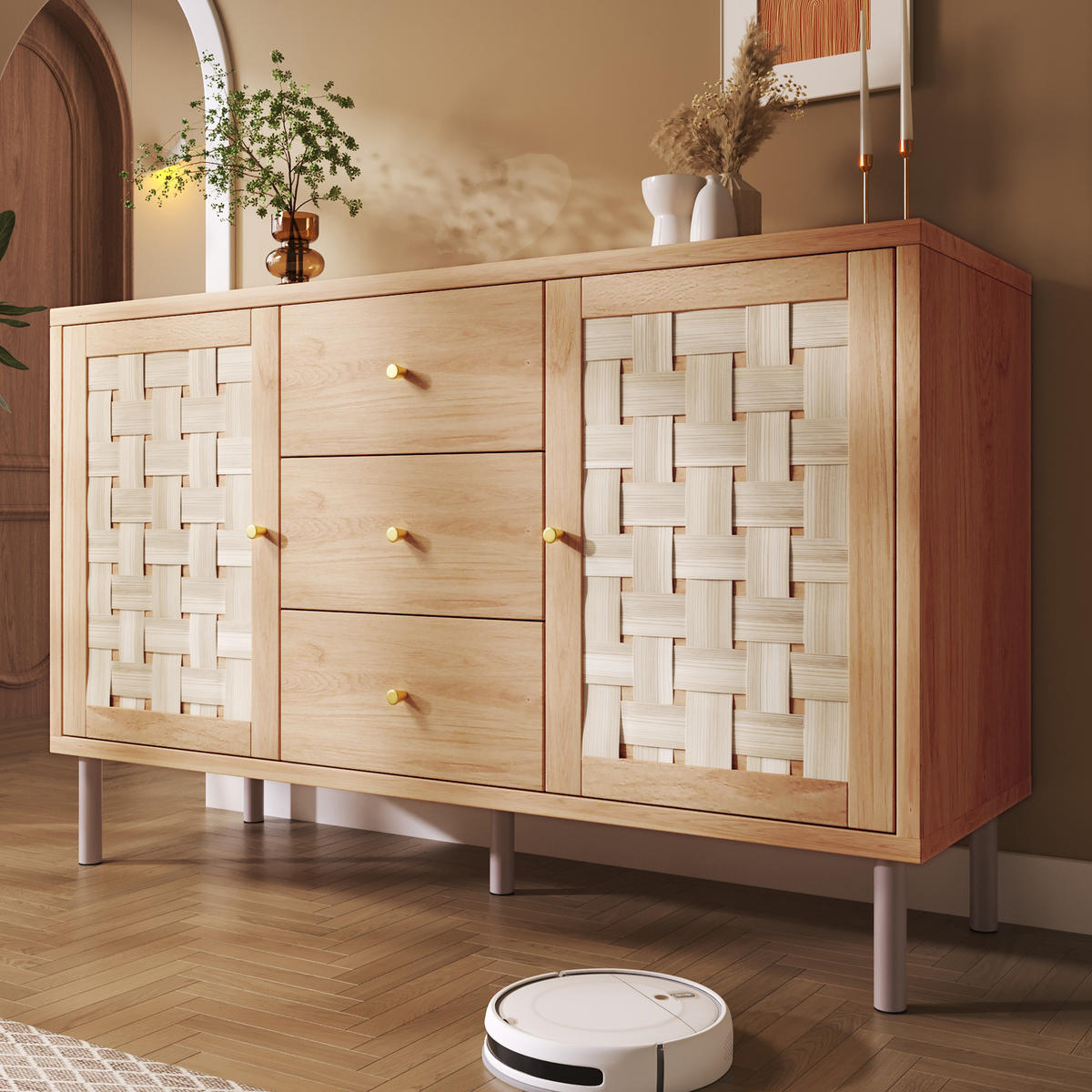 SIDEBOARD in Naturfarben Kommode mit 2 Türen, 3 Schubladen, Metallbeinen & verstellbaren Böden,B120/T40/H75cm - Naturfarben/Weiß, Holzwerkstoff/Metall (120/70/40cm) - STILVORA