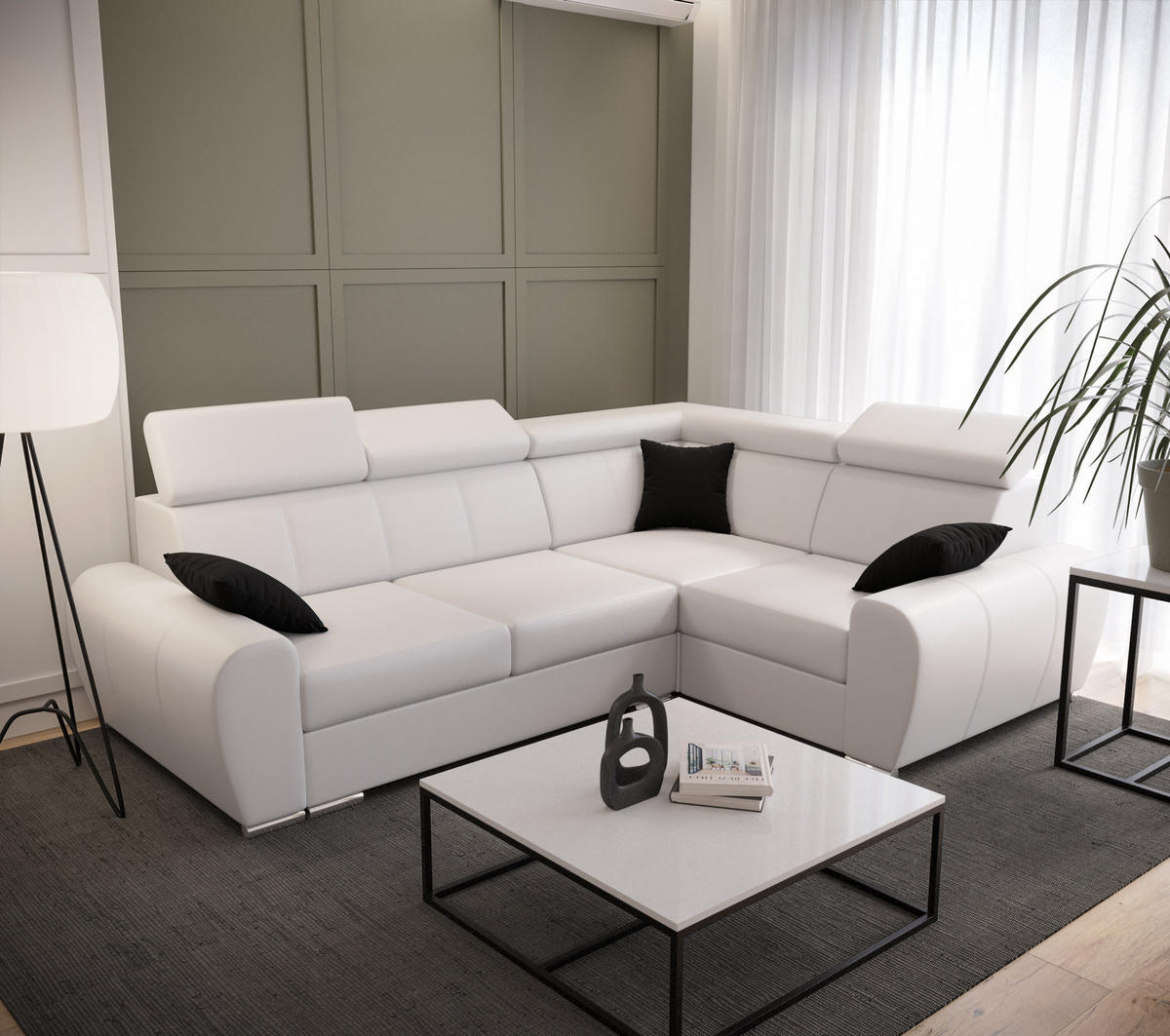 ECKSOFA APOLLO KN08, Eckcouch in L-Form mit Schlaffunktion, Farbe: Weiß, Kunstleder, Ottomane Rechts - Weiß, Textil (255/190cm) - O-Sofa