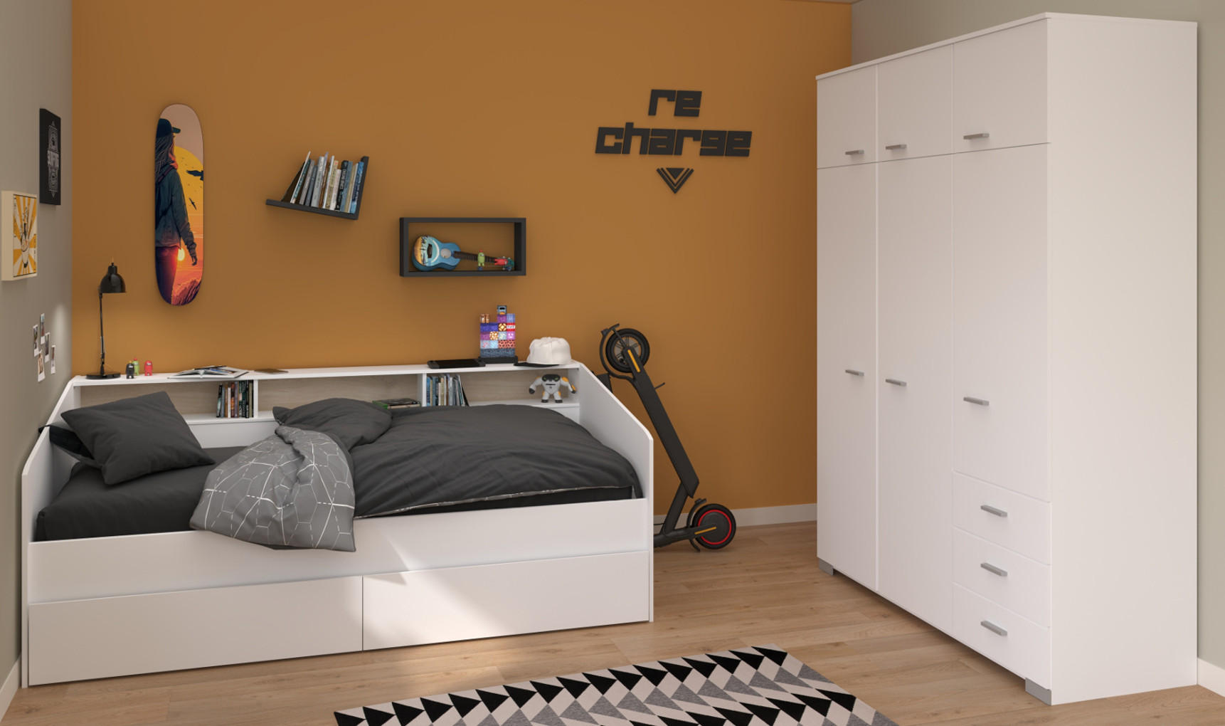 KINDERZIMMER Set 2-tlg. mit Kleiderschrank und Stauraumbett 90x200 - Silberfarben/Weiß, Holz/Holzwerkstoff (206/203/113cm) - Parisot Meuble