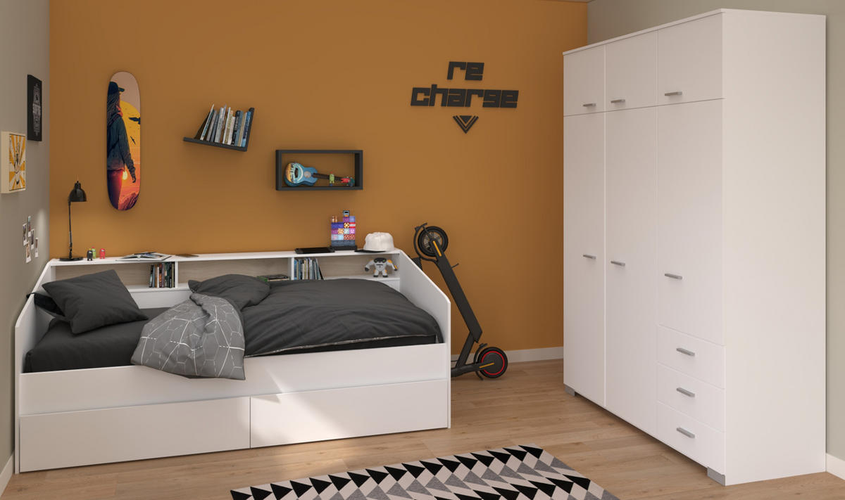 KINDERZIMMER Set 2-tlg. mit Kleiderschrank und Stauraumbett 90x200 - Silberfarben/Weiß, Holz/Holzwerkstoff (206/203/113cm) - Parisot Meuble