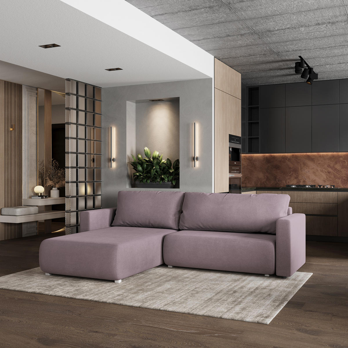 ECKSOFA TURIN Rosa Geflochtener Stoff mit Schlaffunktion - Rosa, Holz (265/183cm) - MASSENO