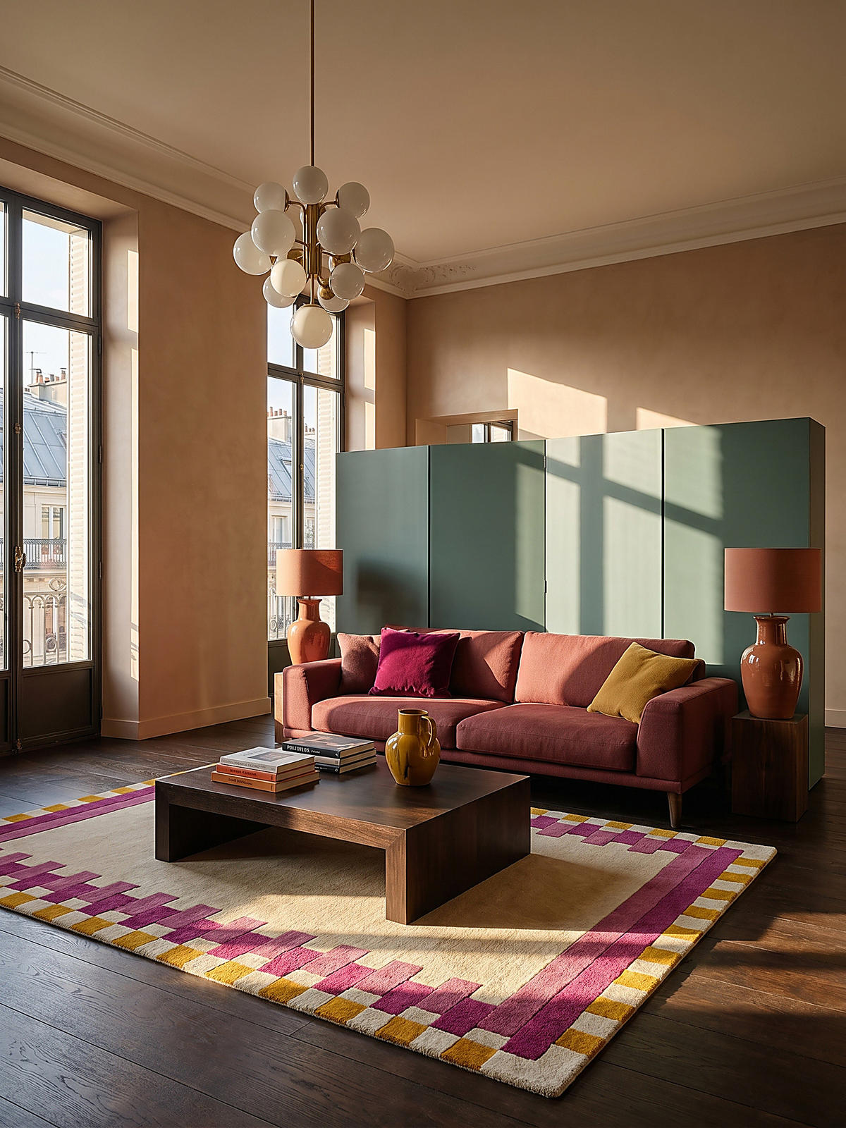 WOLLTEPPICH Geometrisches Muster, Rahmen, Wohnzimmer schmutzabweisend Rosa-Gelb Rechteckig 160x230 - Rosa, Textil (160/230cm) - KADIMA DESIGN