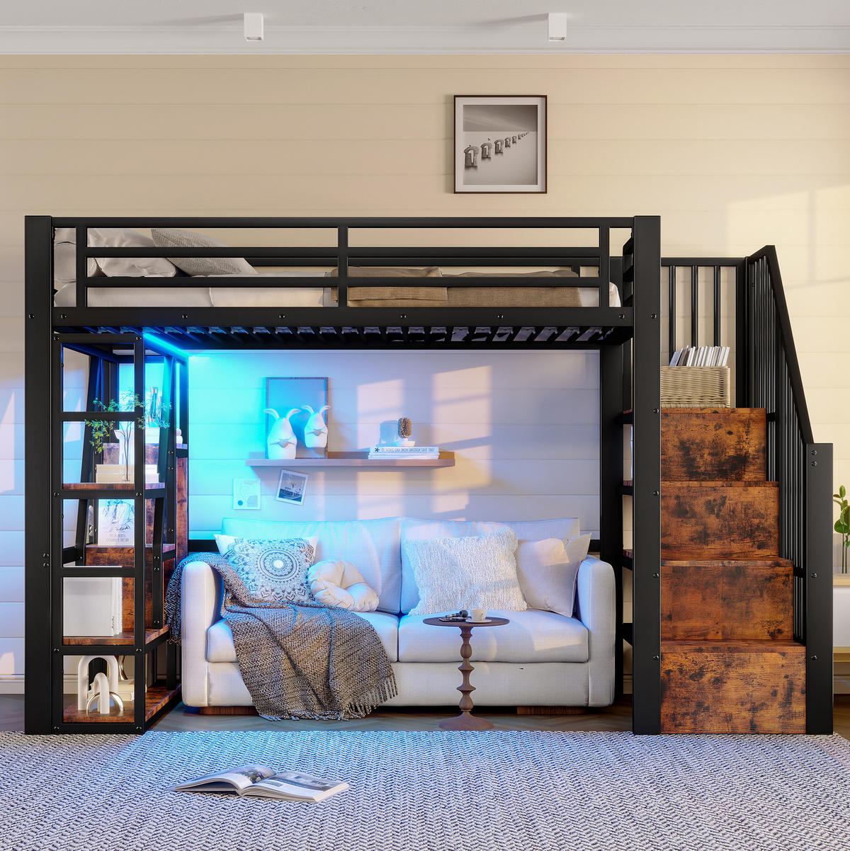 HOCHBETT 90/200 cm in Schwarz mit Stauraumtreppe, LED-Lichtleiste und Rausfallschutz - Schwarz, Holzwerkstoff (90/200cm) - BEAOK