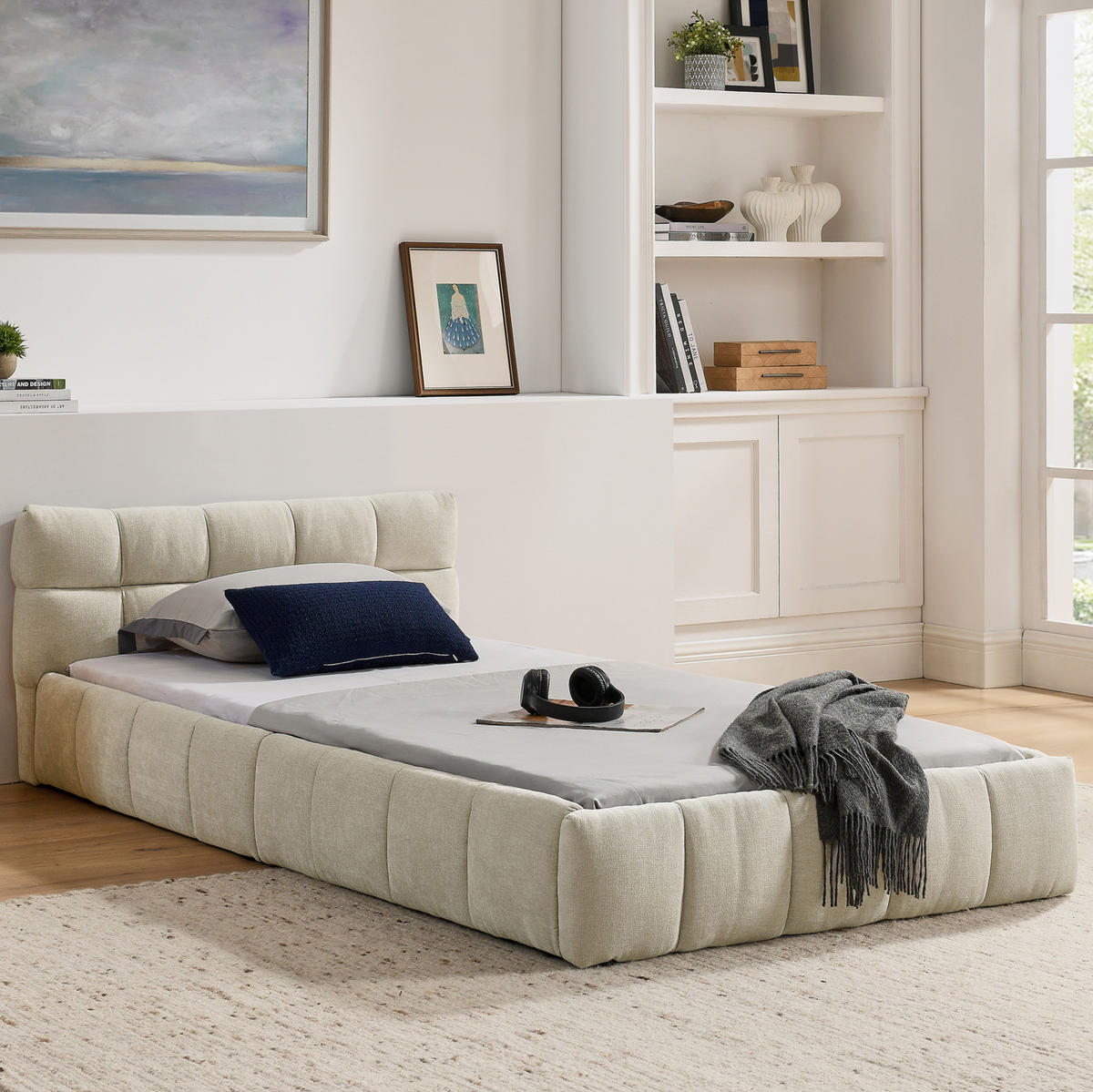 KINDERBETT Polsterbett 90/200 cm aus Chenille mit quadratischem Steppdesign Beige - Beige, Kunststoff (90/200cm) - Modenvie