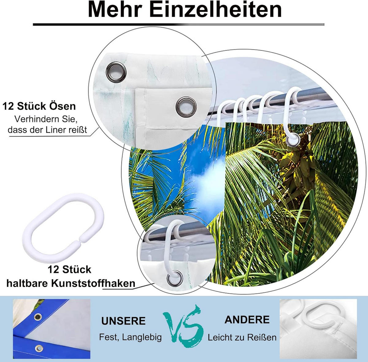 DUSCHVORHANG Strand 3D wasserdicht 180 x 180 cm waschbar mit Ringen - Multicolor, Textil (180/180cm) - MCBOSON