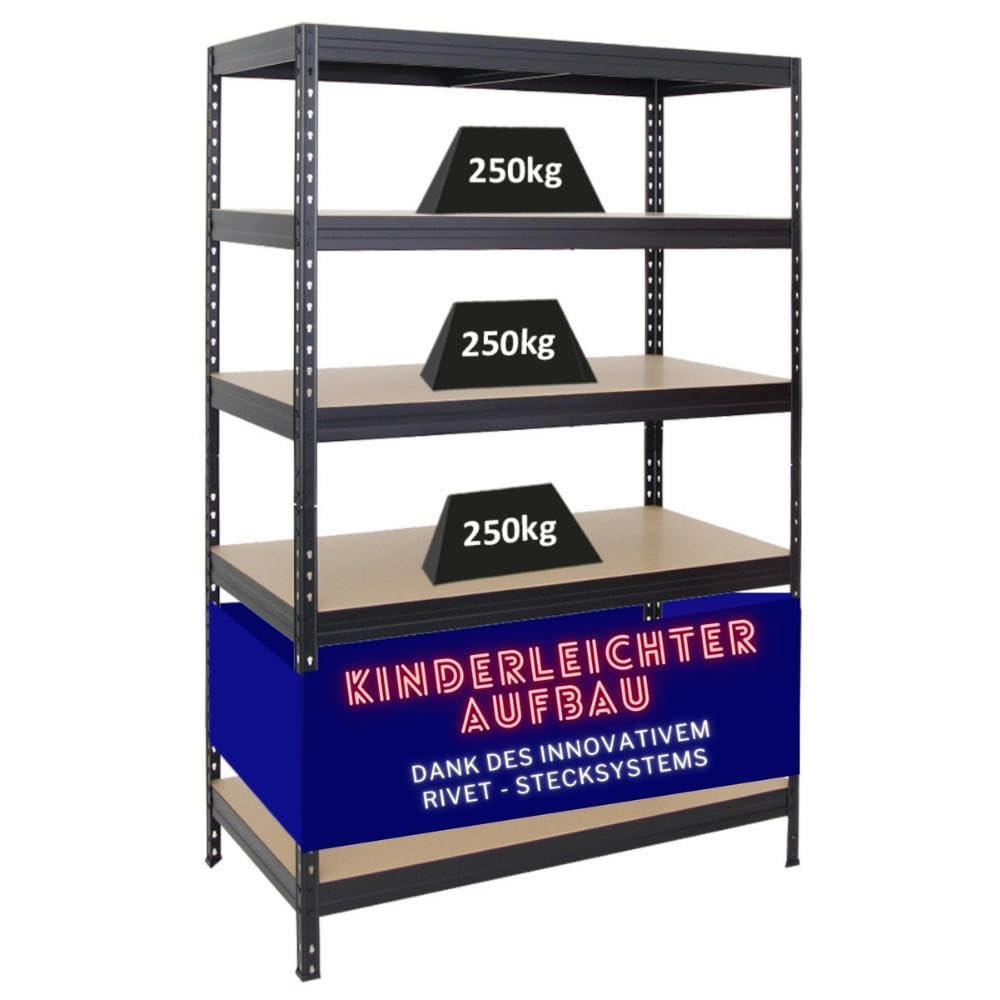 SCHWERLASTREGAL Rivet 180x120x60 cm Fachlast 250 kg Innovatives Stecksystem Schwarz - Schwarz, Metall (120/180/60cm) - PROREGAL