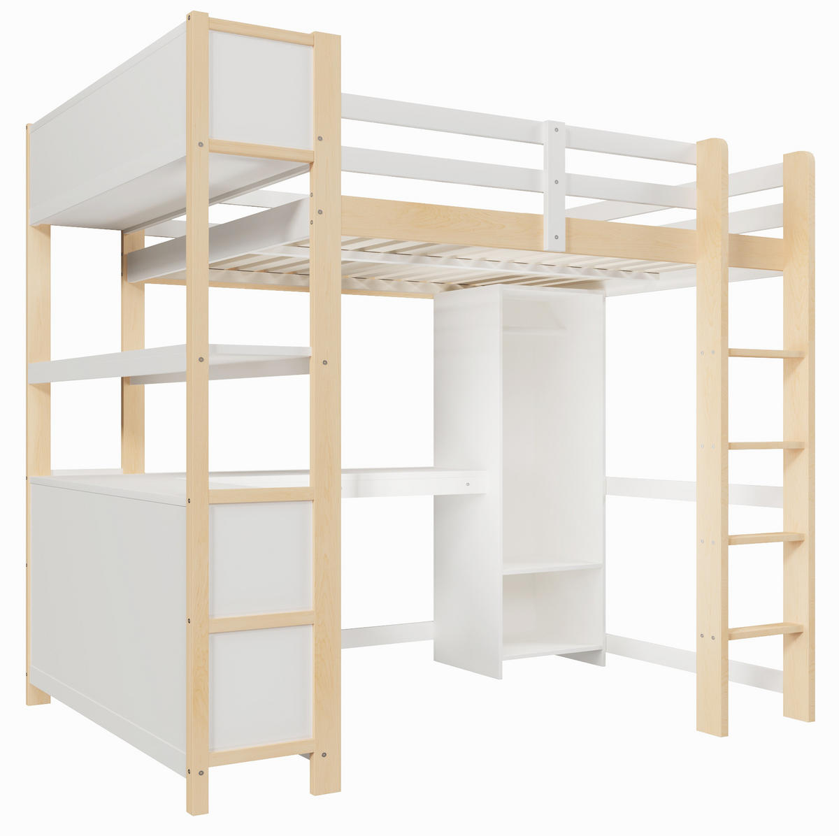 HOCHBETT 140/200 cm Weiß/Natur aus Kiefernholz mit Schreibtisch und Schrank - Naturfarben, Holzwerkstoff (140/200cm) - OKWISH